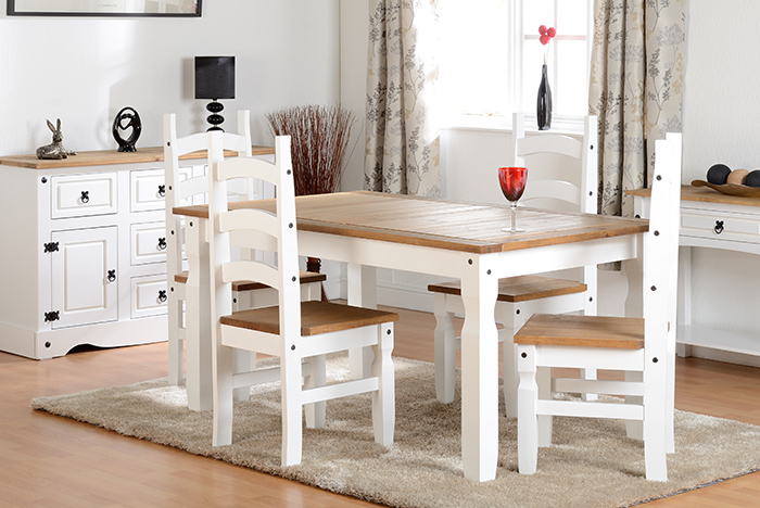Corona 5' Dining Set In White & Distressed Waxed Pine - Click Image to Close